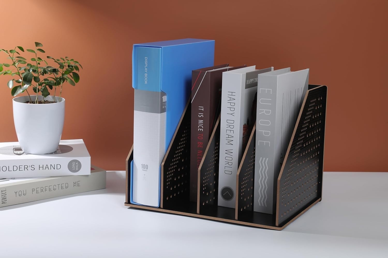 Wooden Desk File Rack & Book Organizer - Large Desktop Storage Holder