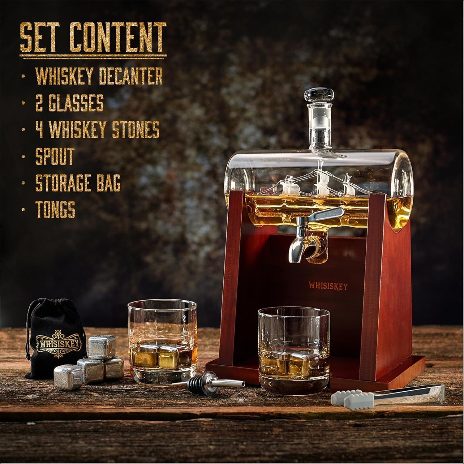 1100ml Ship Whiskey Decanter Set with Glasses & Stones | Luxury Men’s Gift