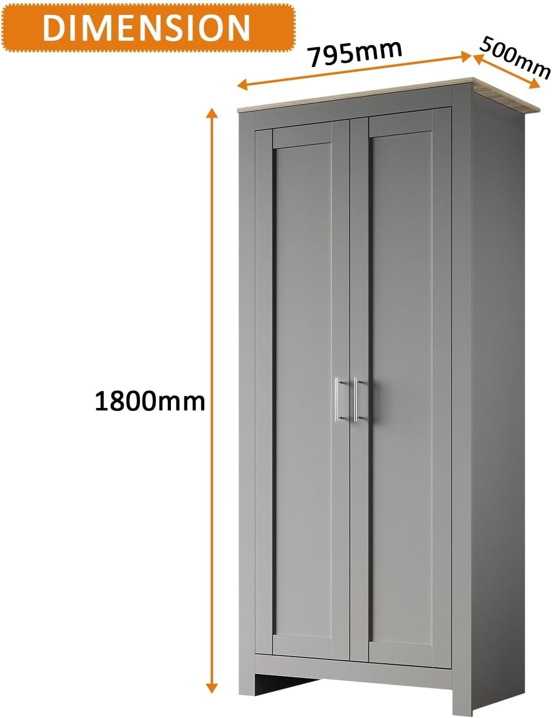 Grey Oak 2 Door Wardrobe with Clothes Rail Soft Close Doors Bedroom Storage