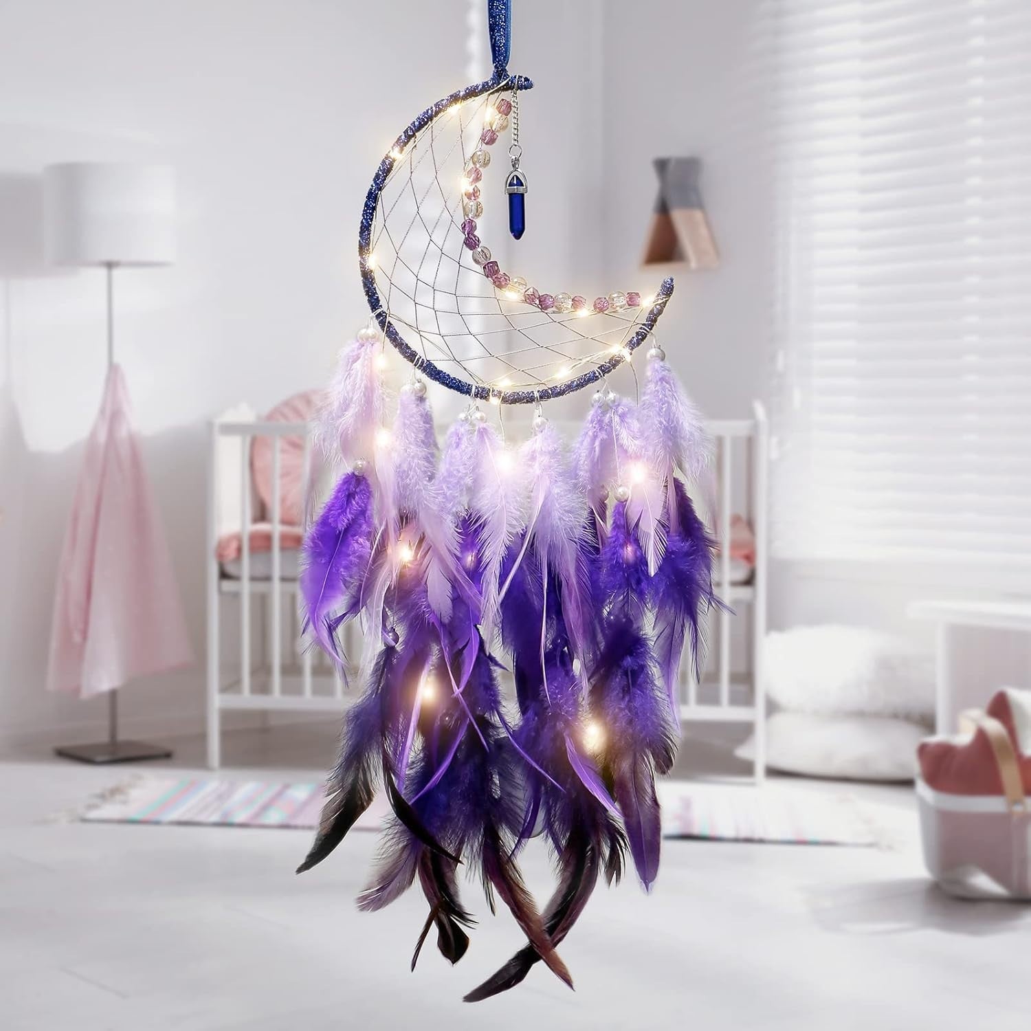 Boho Moon Dream Catcher Purple Feathers Fairy Lights Wall Decor