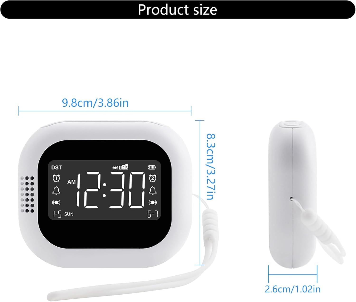 Rechargeable Vibrating Alarm Clock White LCD Display Heavy Sleepers