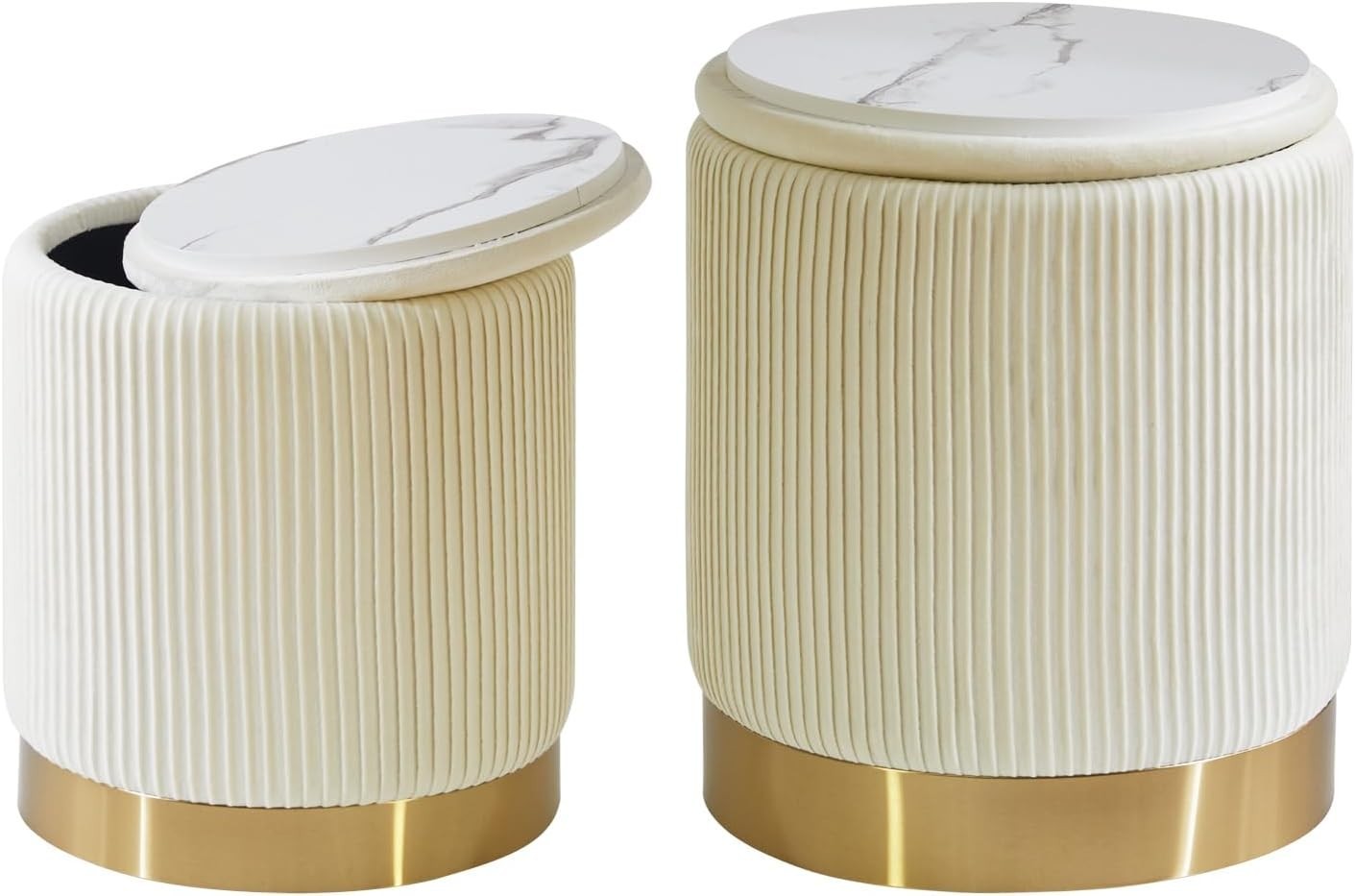 Set of 2 White Round Storage Ottomans – Velvet Pouffe Footstools with Table Tops