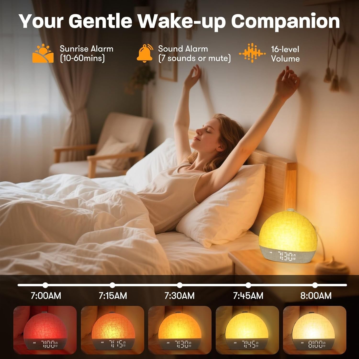 Sunrise Wake Up Light Alarm Clock White Noise Sleep Aid Yellow Lamp