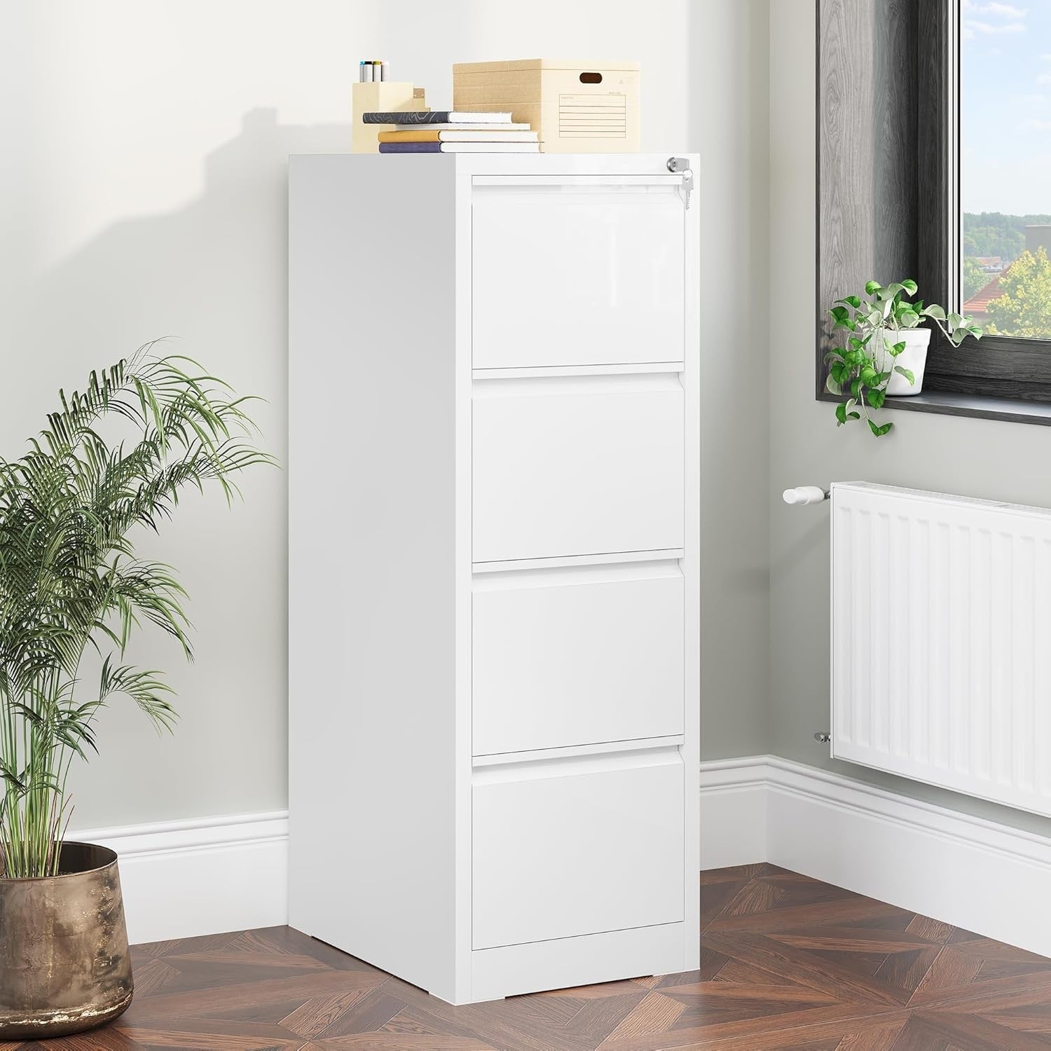 White 4 Drawer Lockable File Cabinet 62x45x133cm Rolling Steel