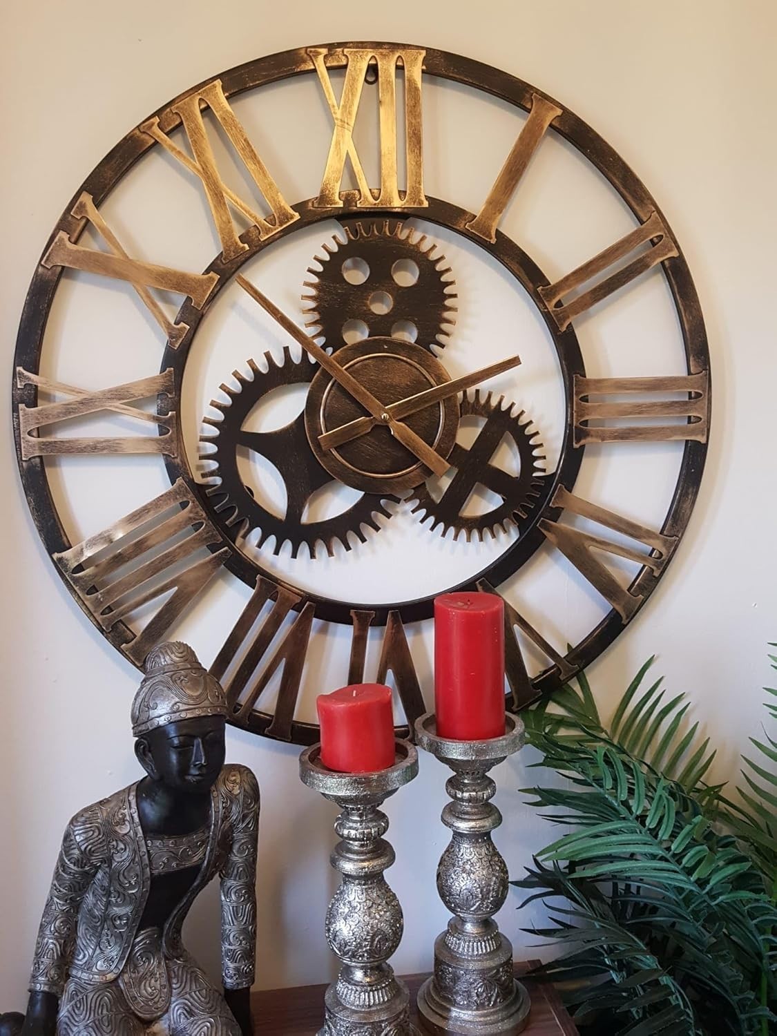 Large Rustic Gold Metal Skeleton Wall Clock - Silent Roman Numerals Decor
