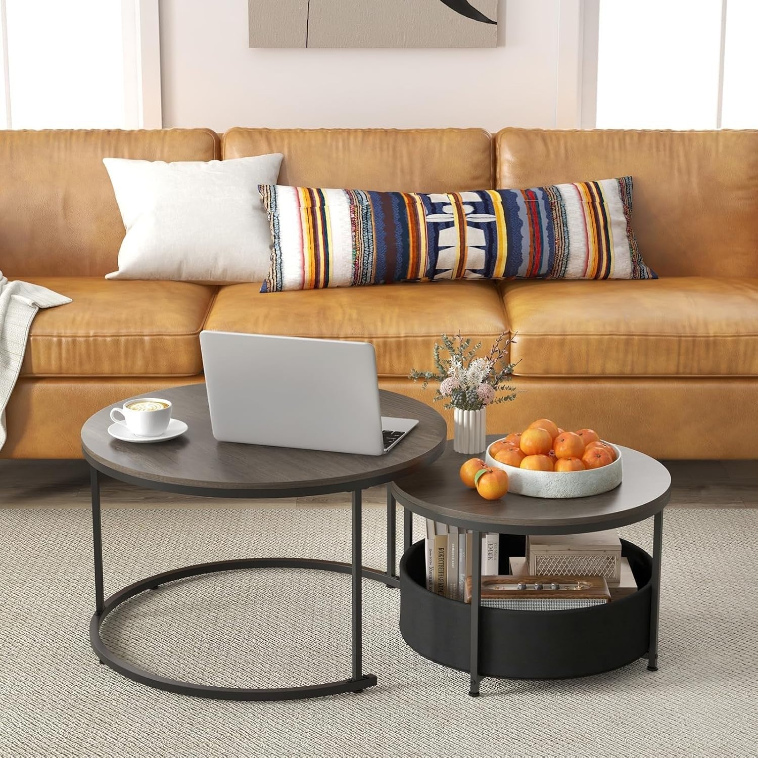 Nesting Coffee Table Set 2 Round Wood Metal Side End Tables Living Room 80CM