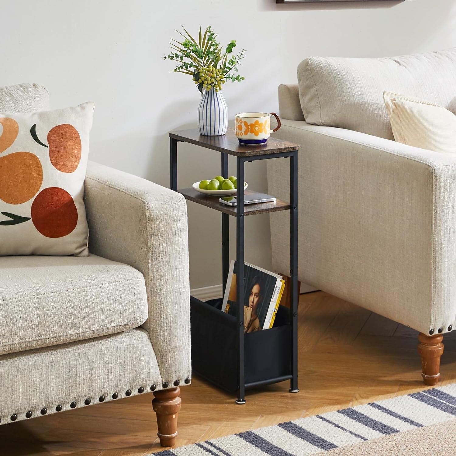 Slim 3-Tier Side Table with Storage Basket – Narrow Rustic Bedside/End Table for