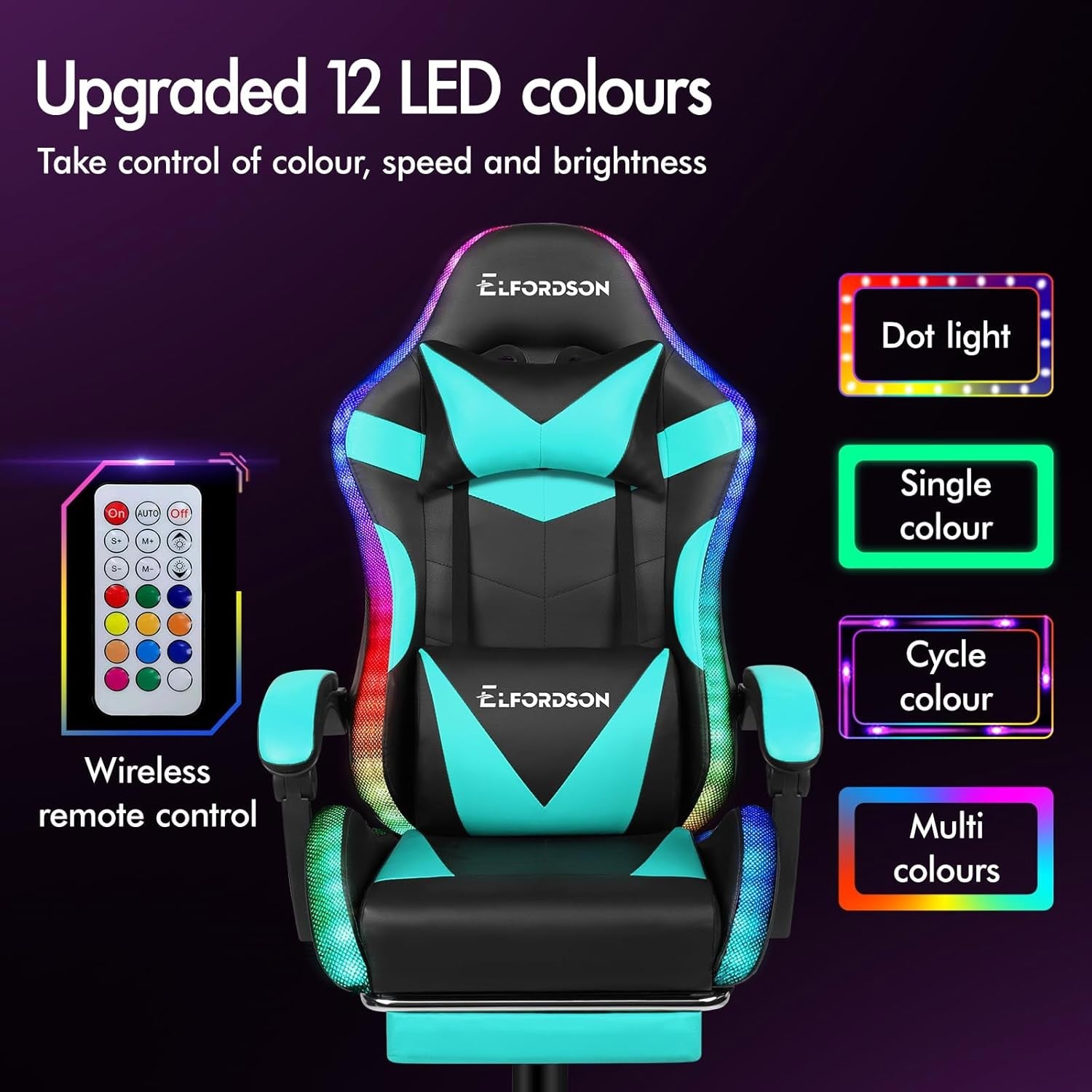 Cyan LED Gaming Chair RGB 8-Point Massage Recliner w/ Footrest