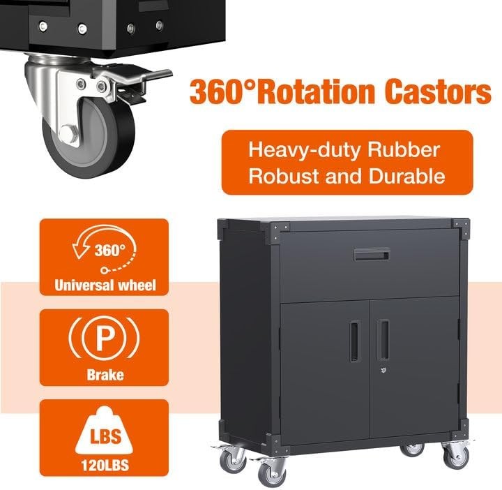 Metal Storage Cabinet with Wheels 2 Doors 1 Drawer Garage Office Organizer