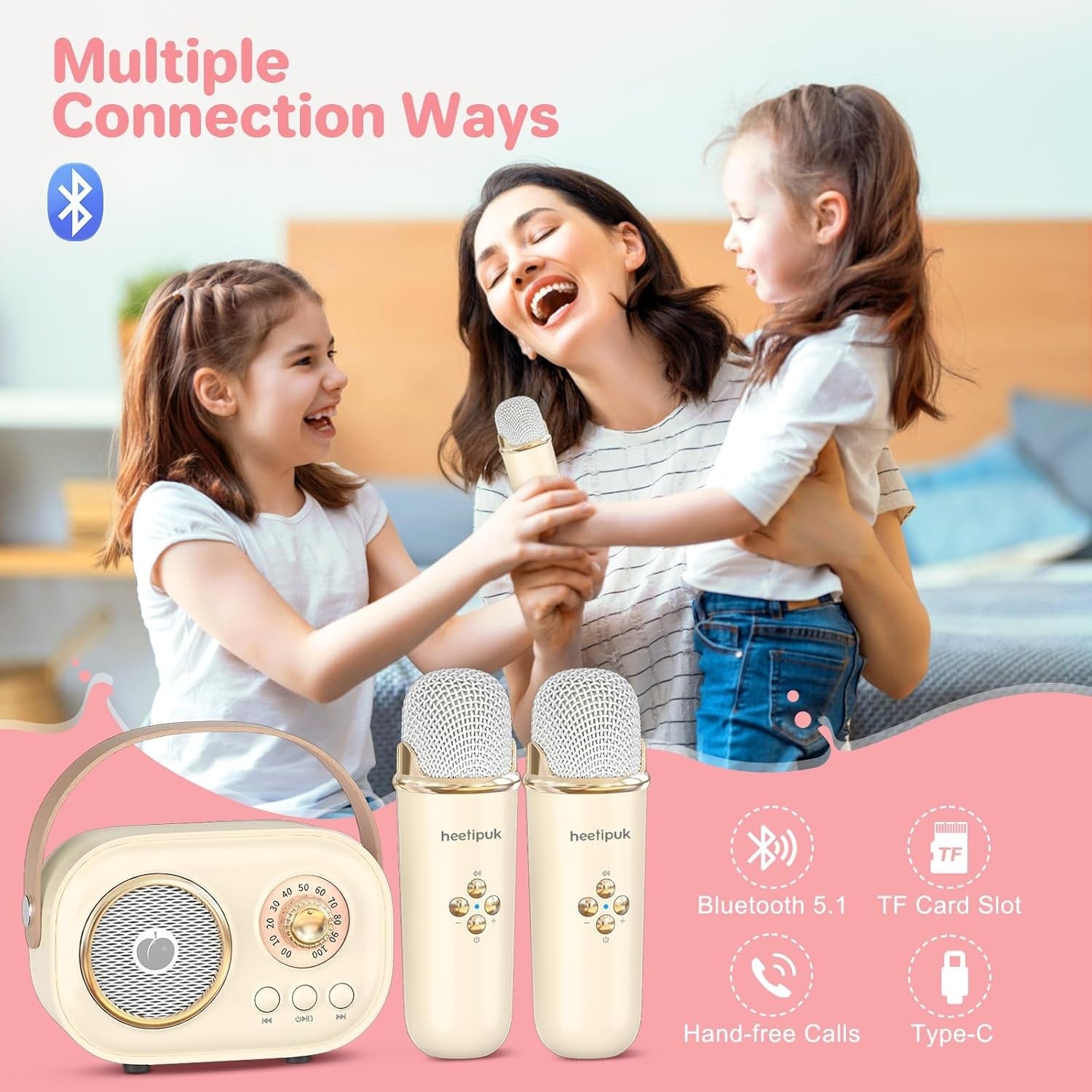 Mini Karaoke Machine Portable Bluetooth Speaker 2 Wireless Mics Kids Teens