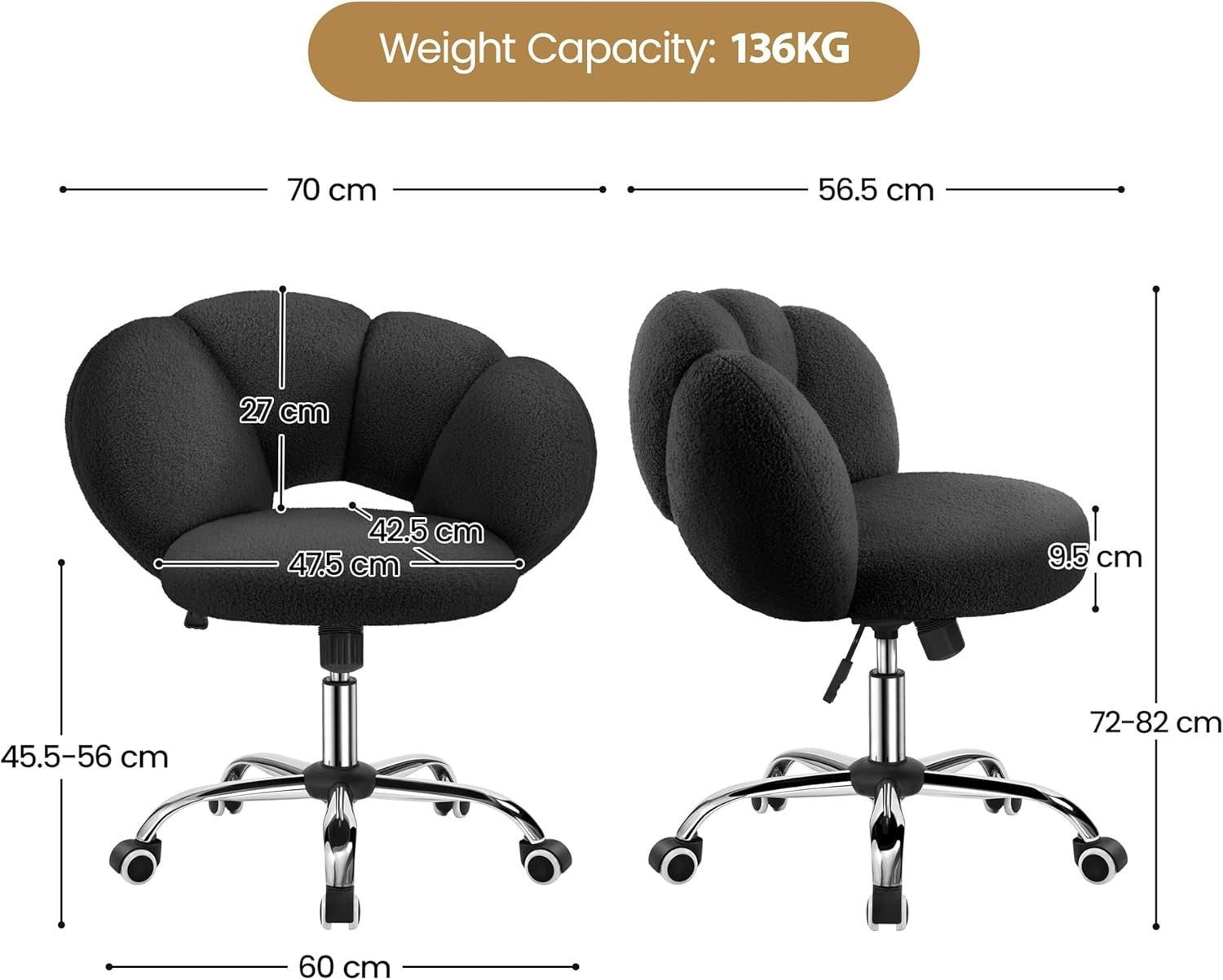 Black Boucle Cloud Vanity Chair Swivel Adjustable Desk Chair with Wheels
