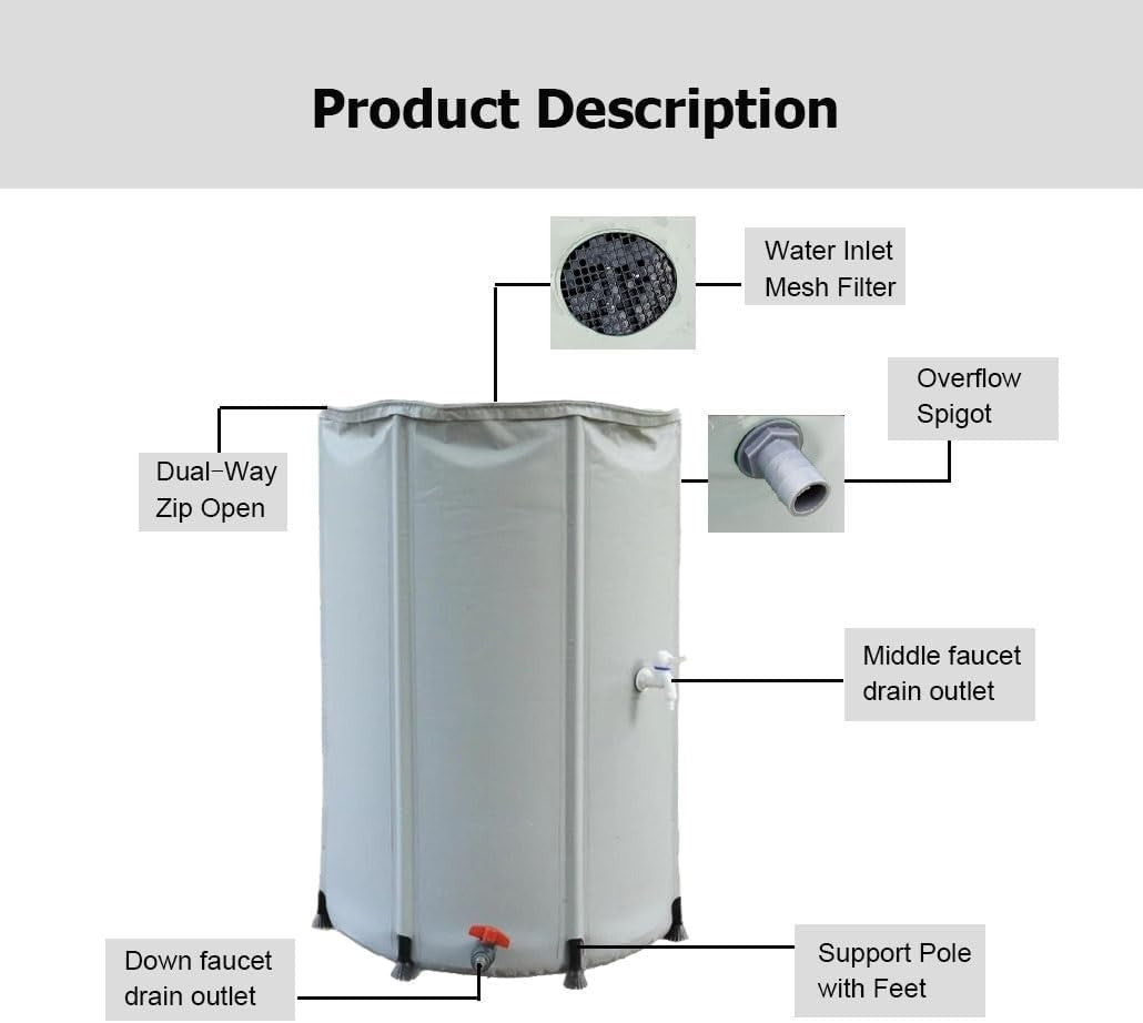 Collapsible Garden Water Butt 250L PVC Rainwater Barrel with Tap & Zip
