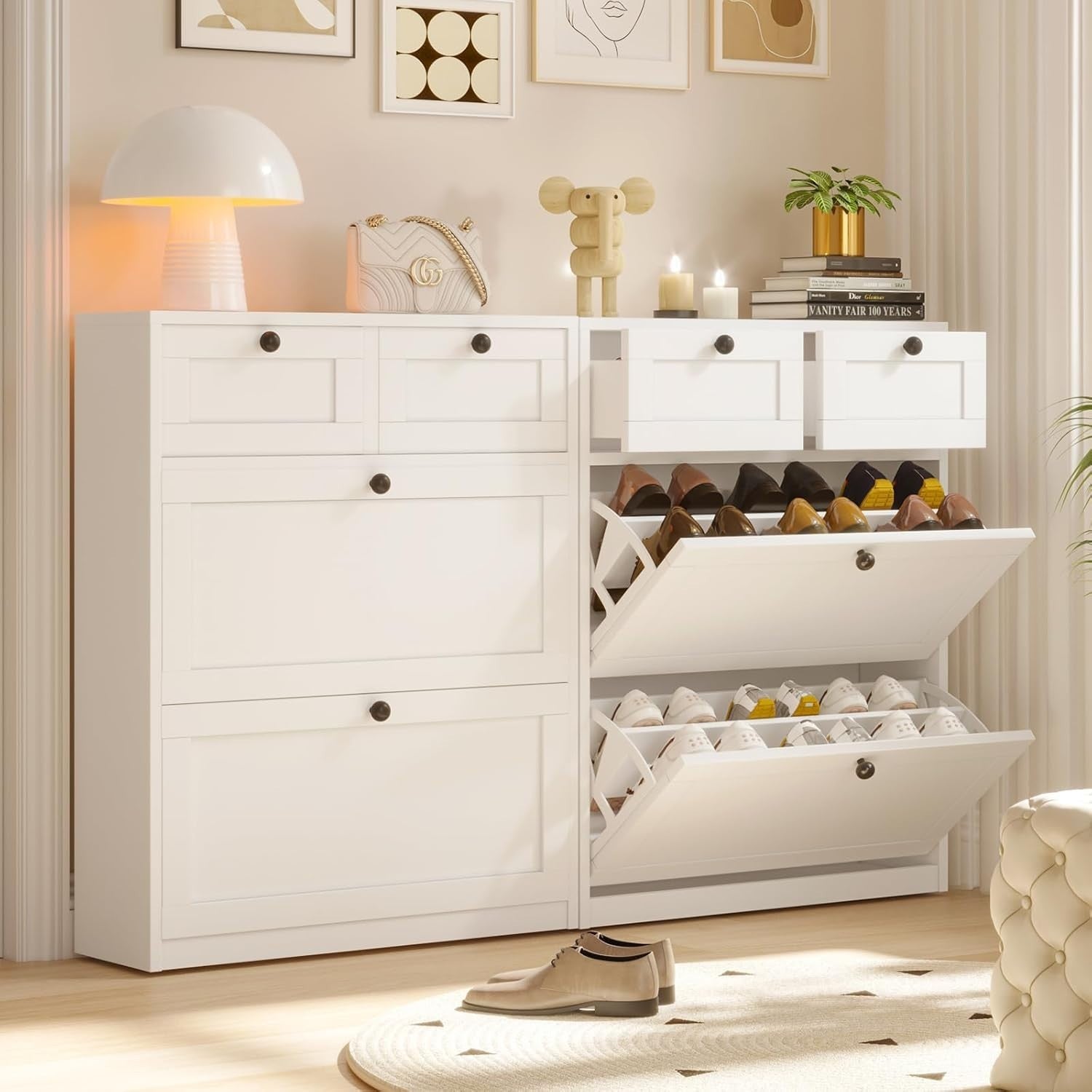 Slim 2 Flip Drawer Shoe Cabinet with Adjustable Shelves & Storage Drawers
