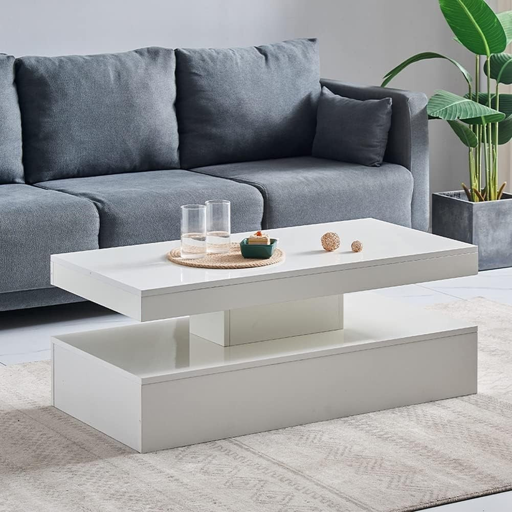 Modern White High Gloss Coffee Table with 16-Color LED Lights & Large Capacity