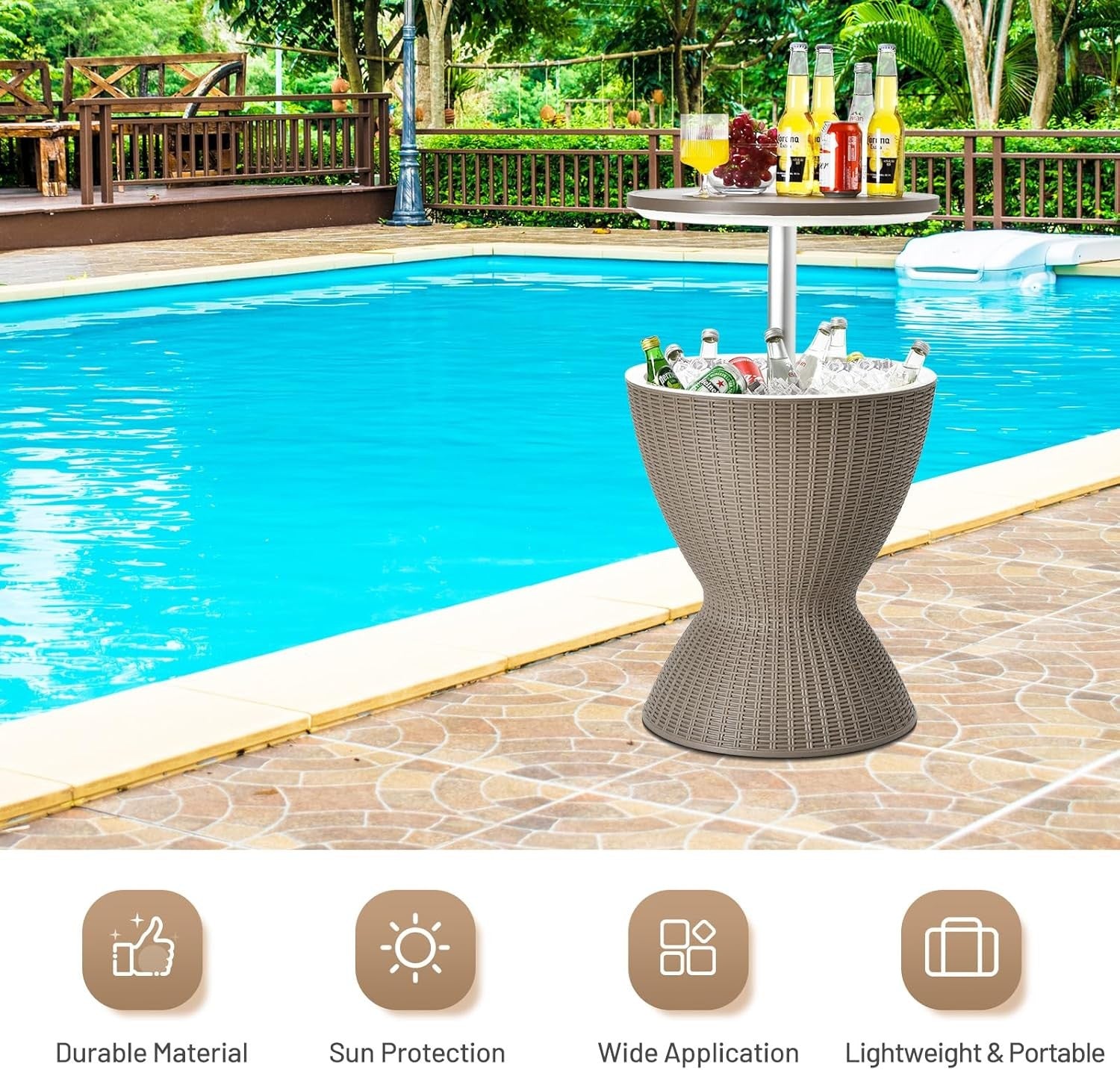 Outdoor Cool Bar Table Rattan Ice Bucket Beer Wine Cooler Height Adjustable
