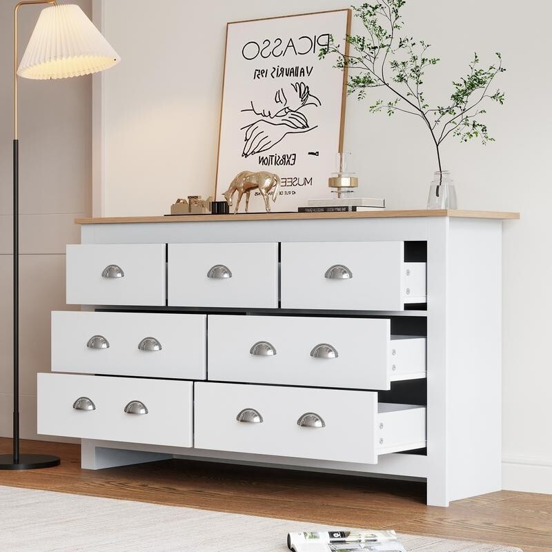 White Oak Sideboard Storage Cabinet 7 Drawer Buffet Table Unit Modern