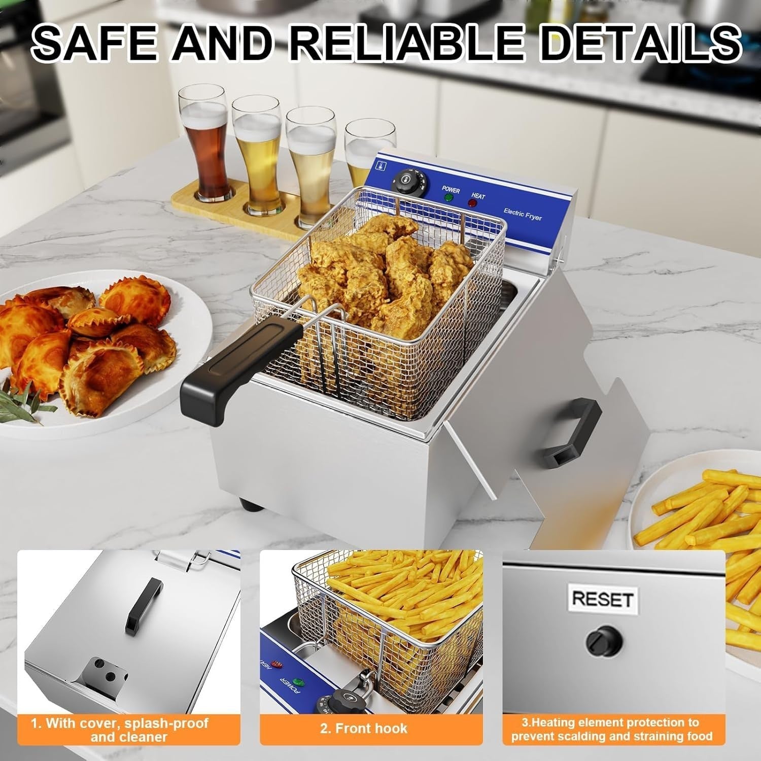 8L Commercial Deep Fat Fryer 3000W Stainless Steel Countertop