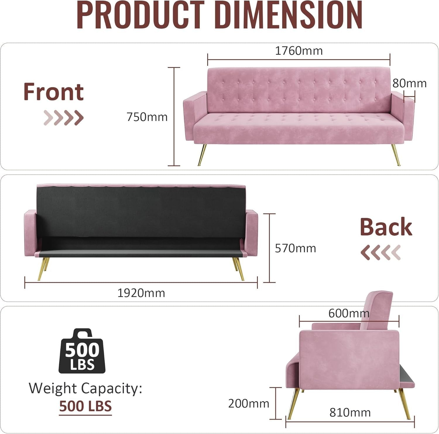 Pink  Velvet Sofa Bed 3 Seater Click Clack Couch for Lounge Home Office