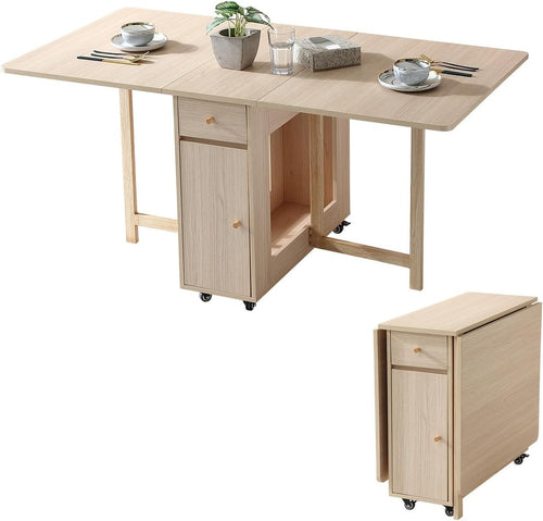Extendable Folding Dining Table with Drawers & Wheels for Small Spaces