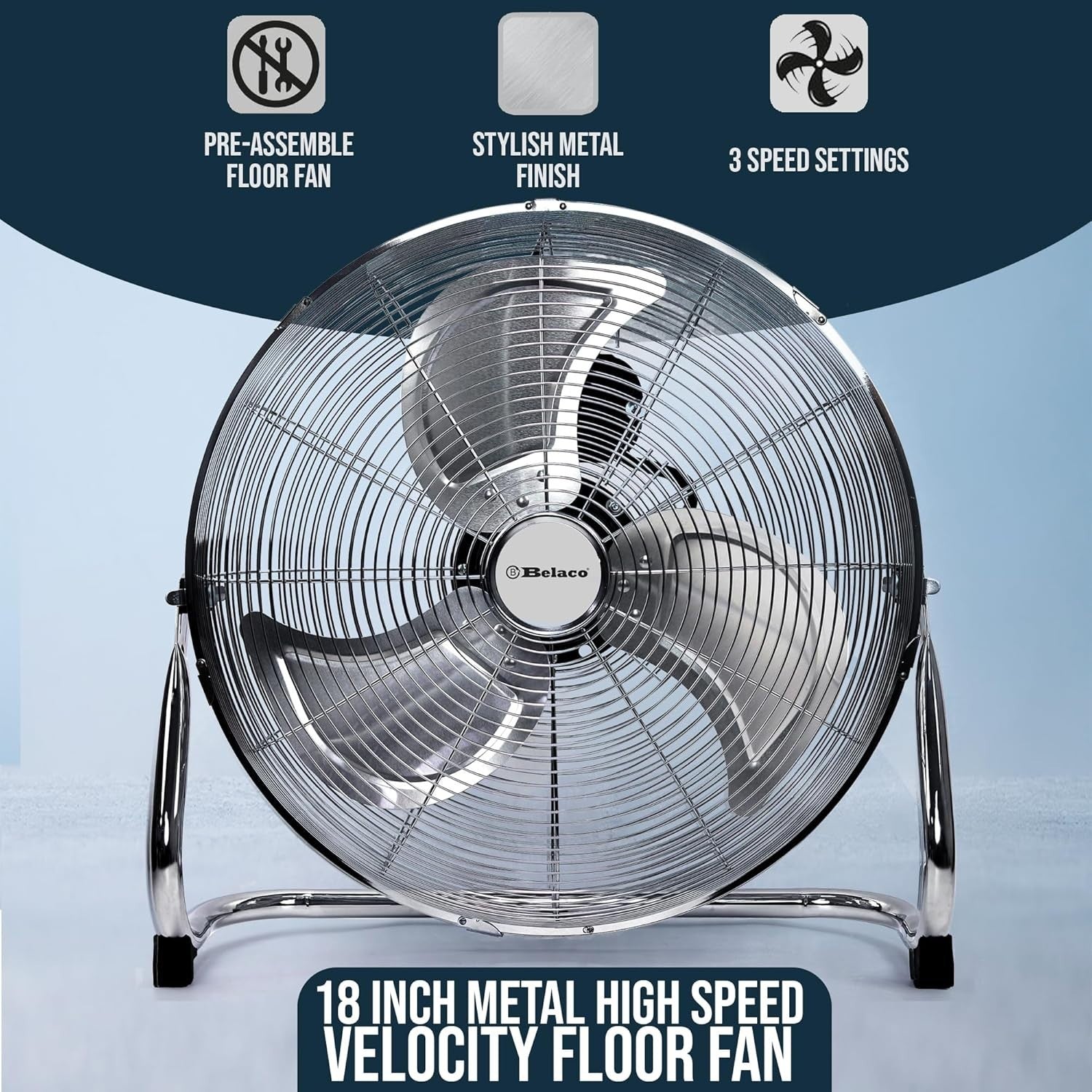 18" Chrome Metal Floor Fan High-Velocity 3-Speed Cooling Desk Floor Fan