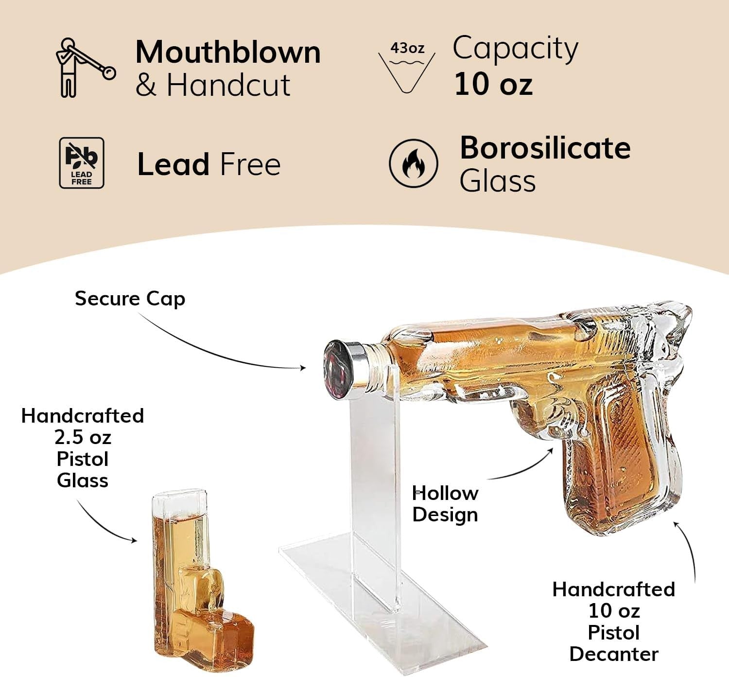 Pistol Whiskey Decanter Set with Shot Glasses & Case | 300ml Gun Design