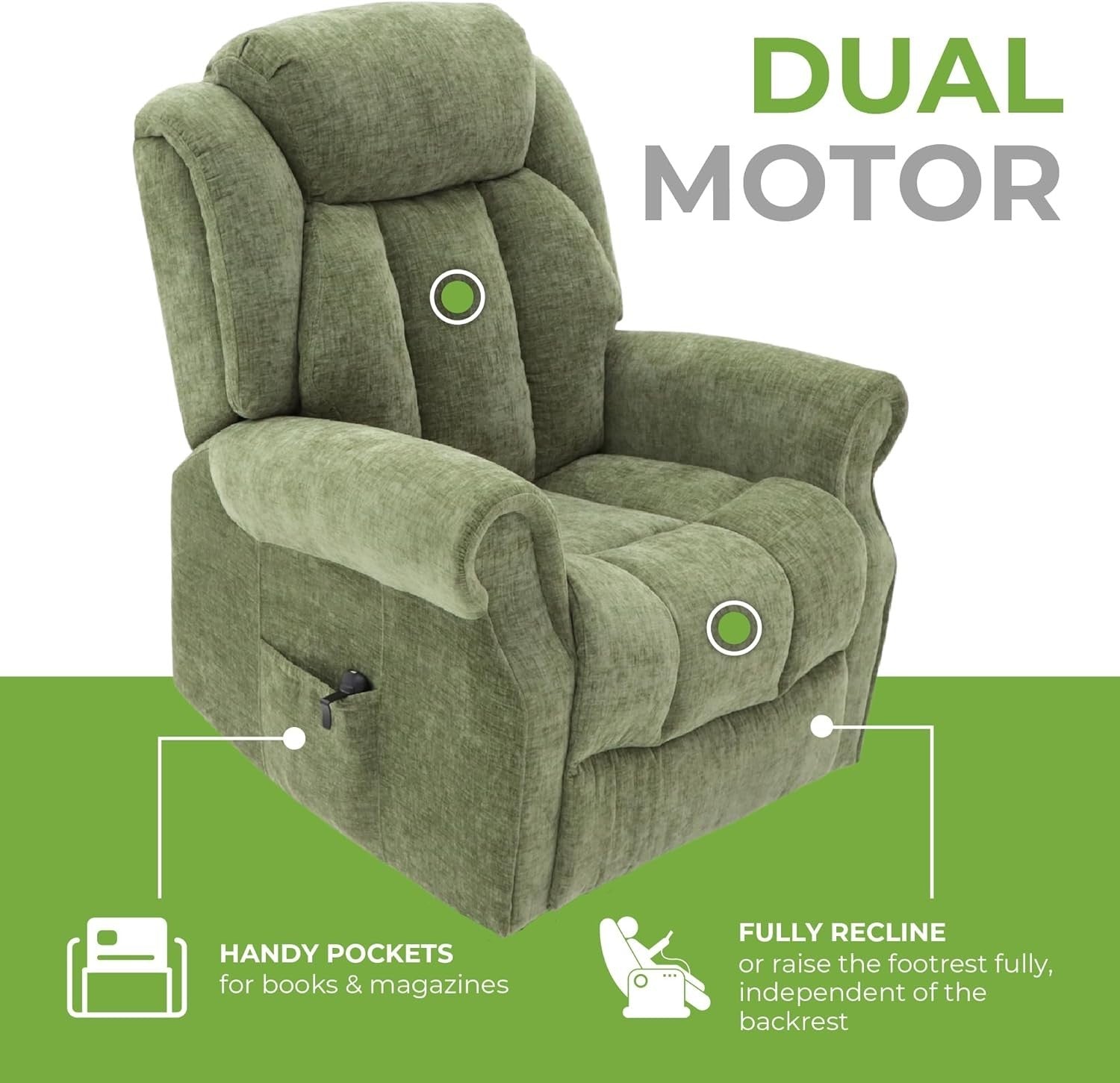 Dual Motor Lift Recliner Chair Heat Massage Fabric Riser Mobility Support Green