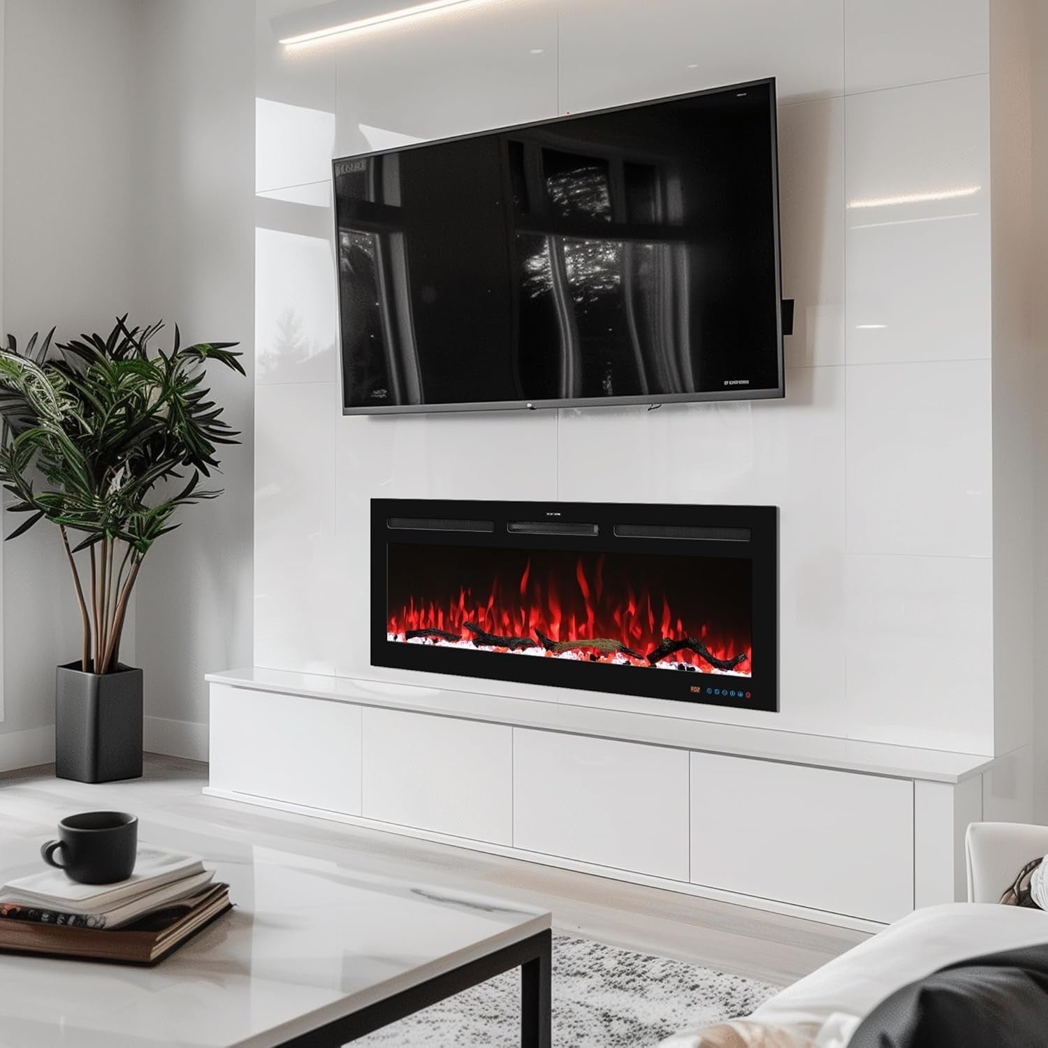 48" Smart Electric Fireplace Wall Fire LED Heater Recessed WiFi Remote