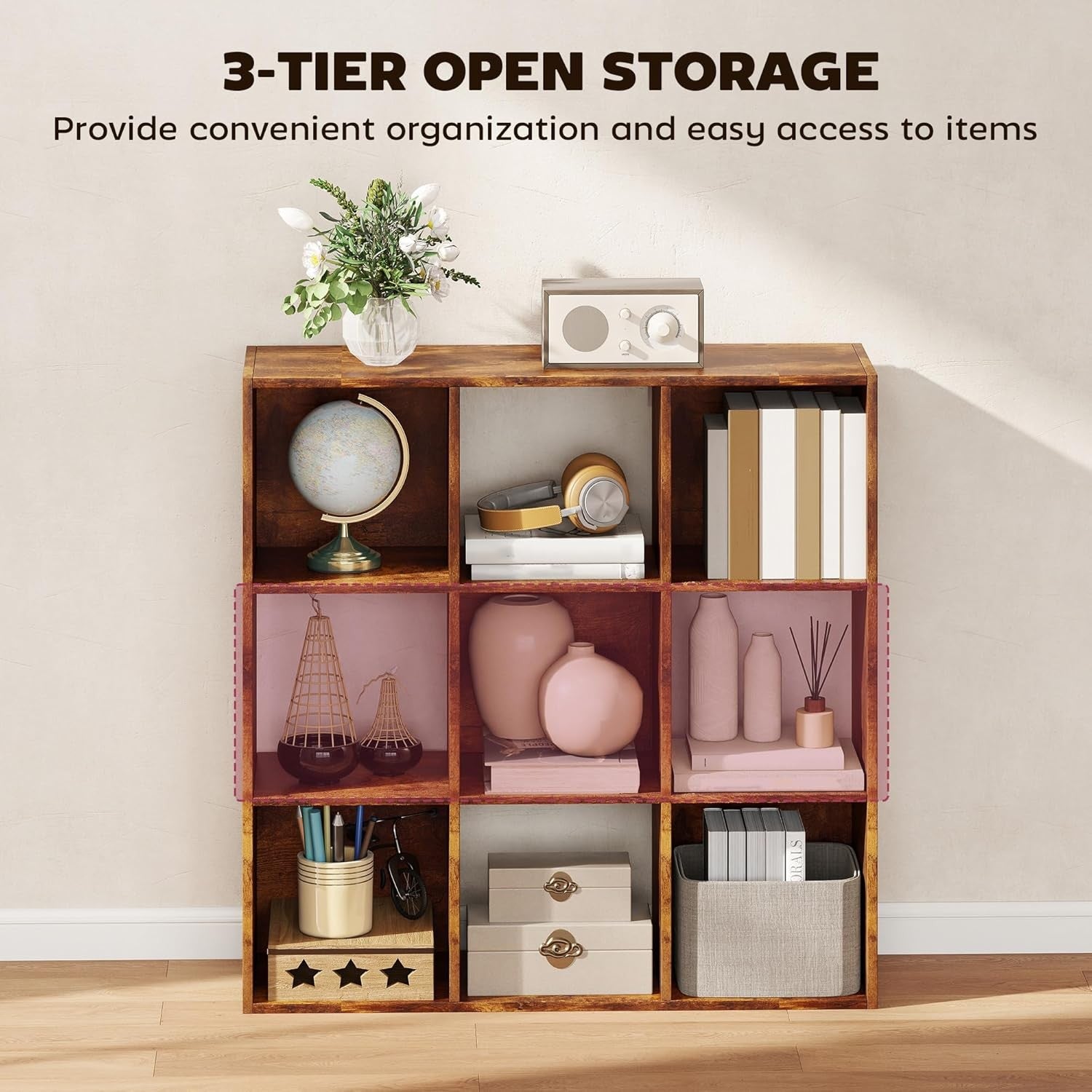 Rustic 9-Cube Bookcase Storage Unit Organiser Shelving for Home Office Living
