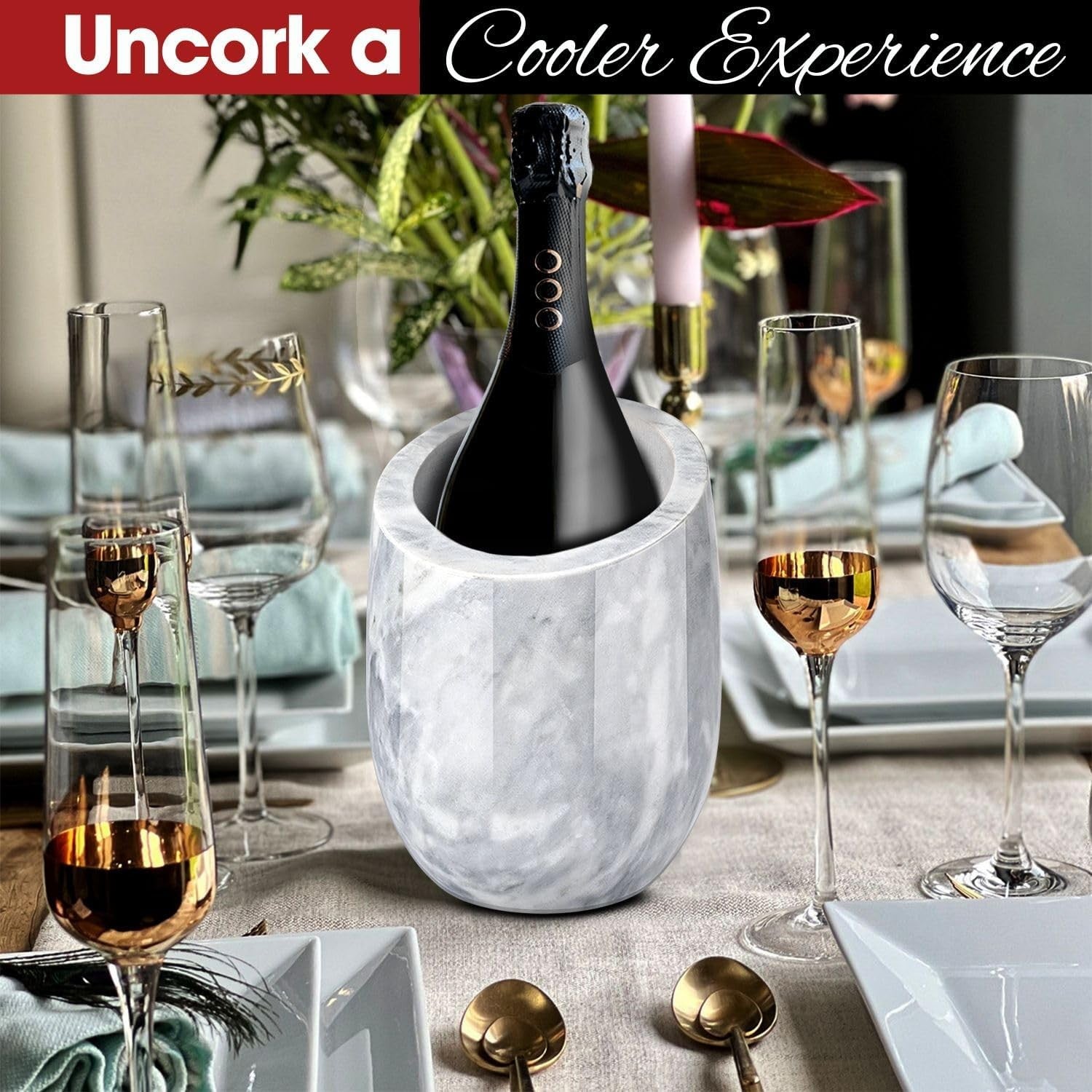 Marble Wine Chiller Bucket Champagne Cooler Ice Free Tabletop 750ml Bottle