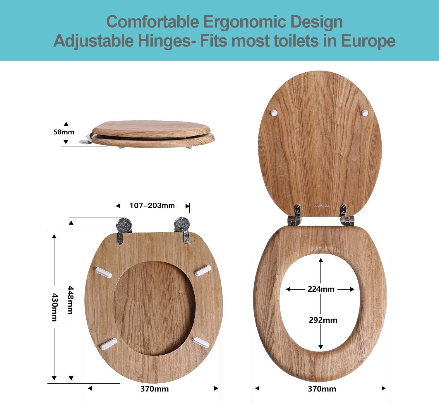 Angel Shield Wooden Toilet Seat Antibacterial Adjustable Hinges Oval Solid Oak