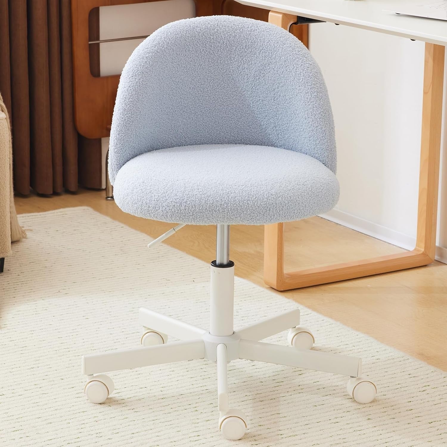 Light Blue Swivel Desk Chair Small Teddy Fleece Adjustable Vanity Seat