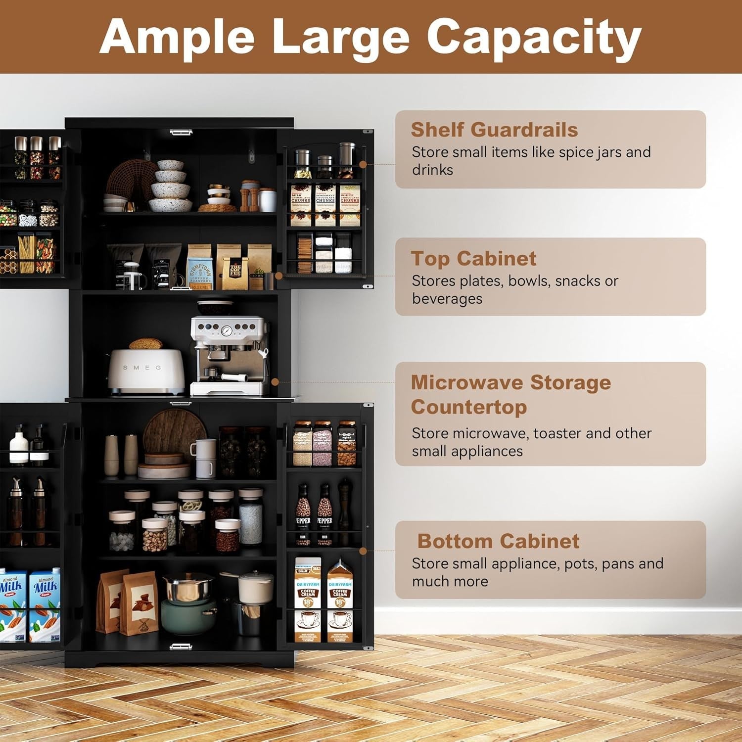Black Tall Kitchen Pantry Cabinet Storage Cupboard Doors Shelves