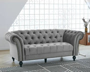 Chesterfield 3 Seater Sofa Grey Velvet | Tufted Scroll Arm Couch UK