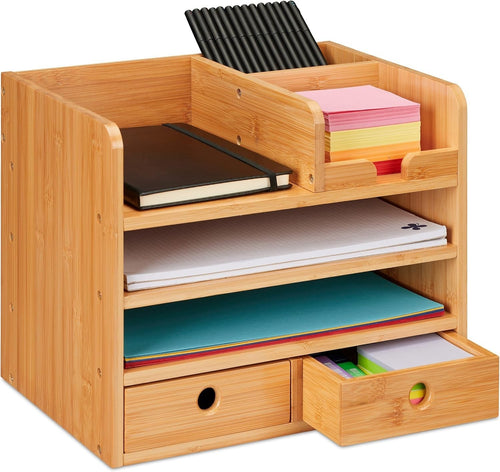 Bamboo Desk Organizer with 2 Drawers & 5 Compartments 33x24x26.5cm