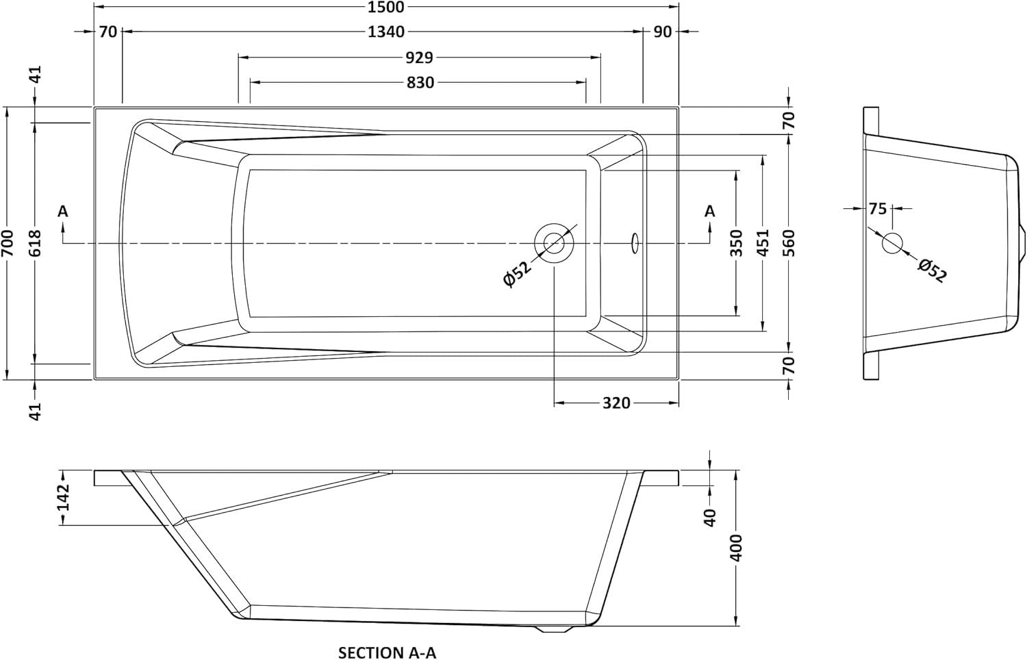 Modern White Gloss Single Ended Straight Acrylic Bath 1500x700mm Square Tub