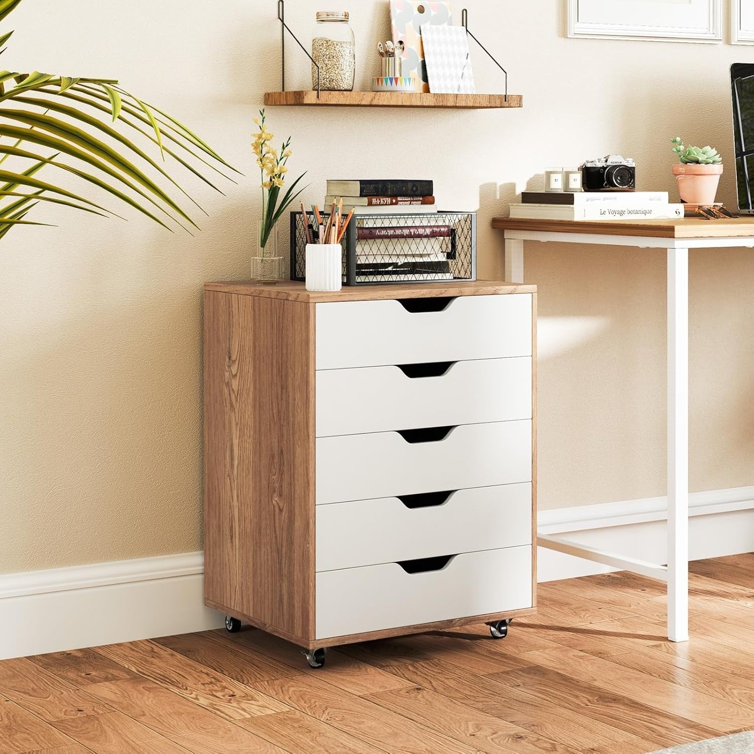 Natural White Mobile Filing Cabinet 7 Drawer Storage Unit Wheels for Home Office
