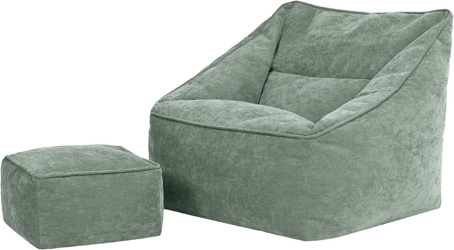 Adult Bean Bag Chair with Footstool Sage Green Comfy Armchair Set Lounge