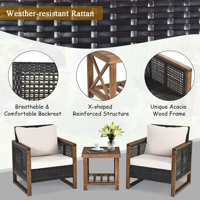 3PC Rattan Patio Bistro Set with Cushioned Chairs & Acacia Coffee Table