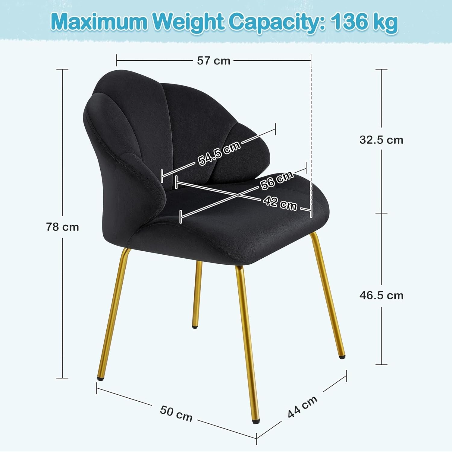 Black Velvet Accent Chair Shell Back Vanity Chair Gold Legs