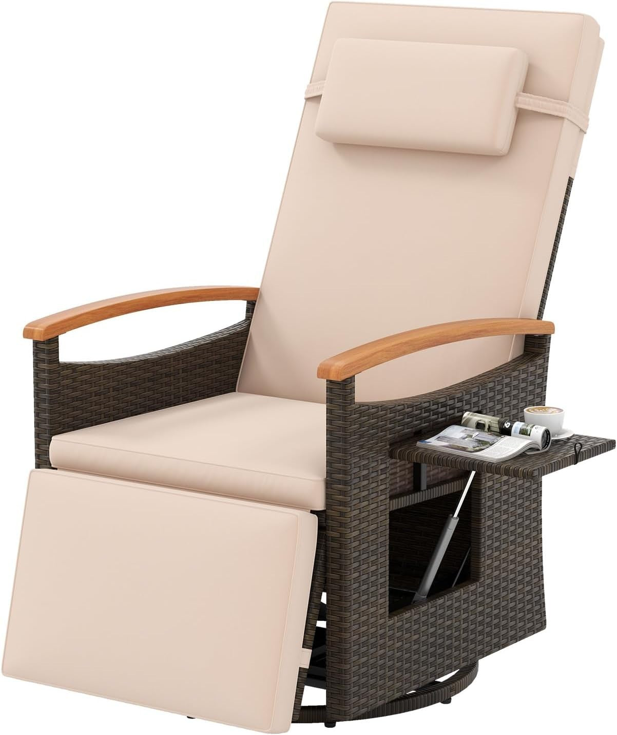360° Swivel Rattan Recliner Chair with Footrest Side Table Garden Lounger
