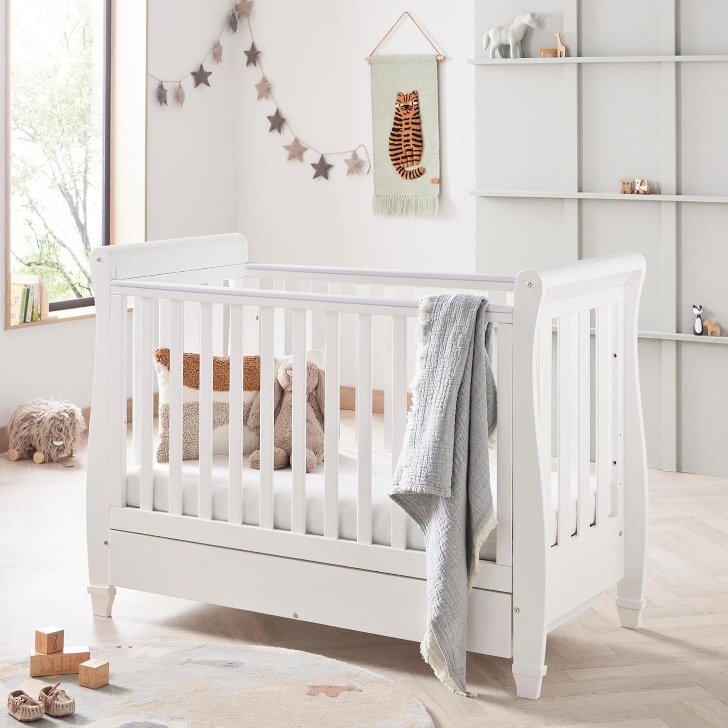 Baby Cot Bed Convertible Toddler Day Bed Adjustable Height w/o Mattress White