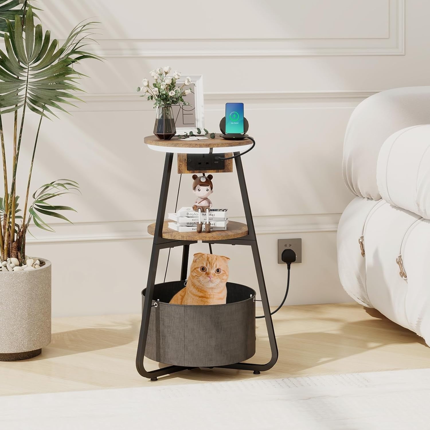 Round Side Table with Charging Station, 3-Color LED & 3-Tier Storage Shelf