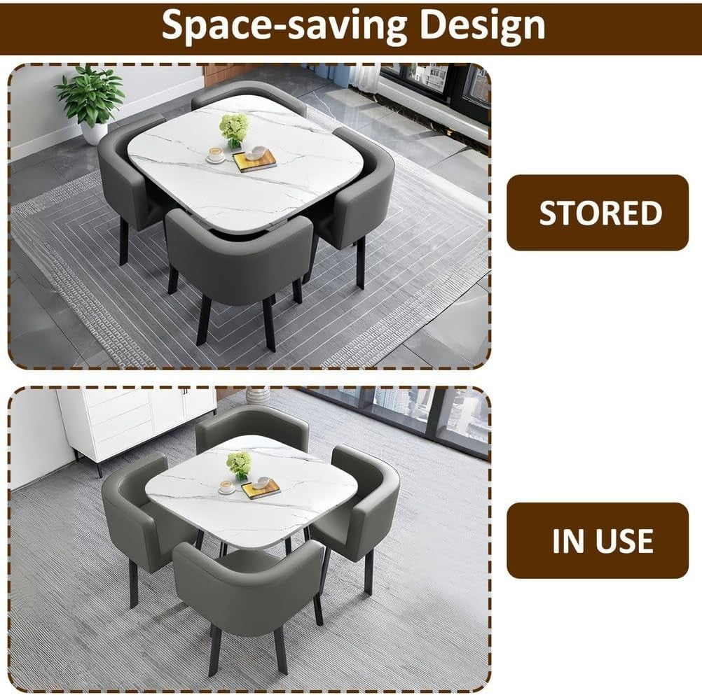 Modern Round Dining Table Set White Chairs, Space Saving Faux Leather Seating
