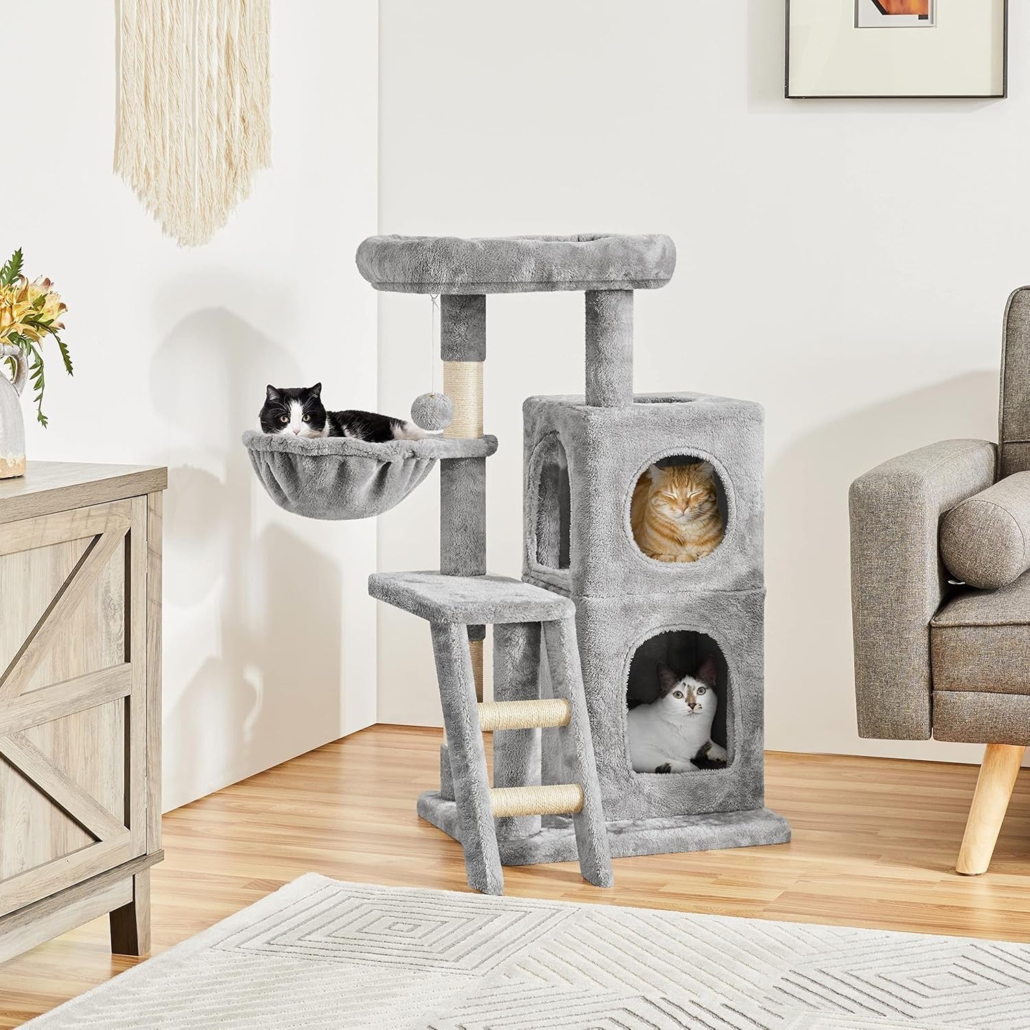 Cat Tree Tower 94cm Multi Level Condo Scratching Post Hammock Ladder Indoor