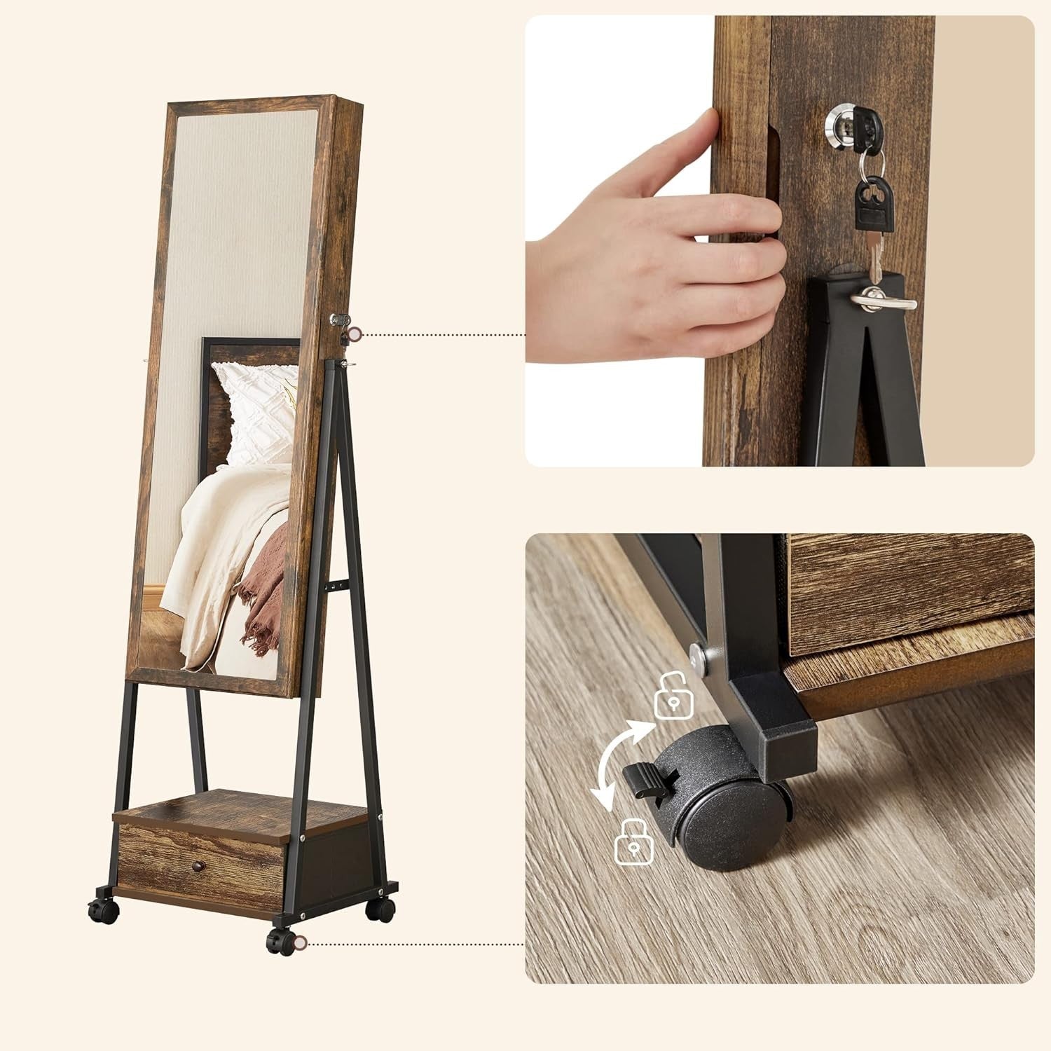 Lockable Rolling Jewelry Cabinet Full Length Mirror Drawer Shelf Organizer