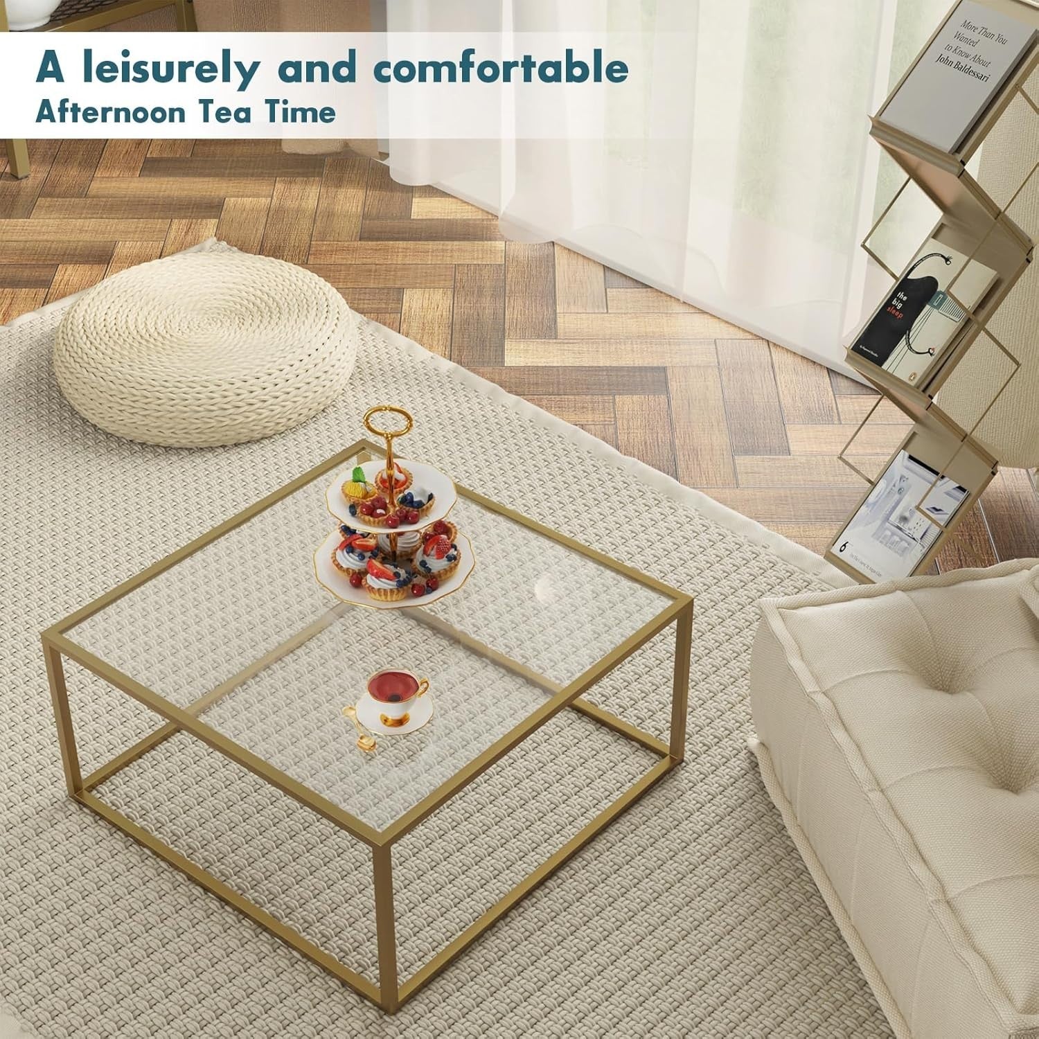 Modern Glass Coffee Table Gold Frame – Small Space Square 68x68x40cm