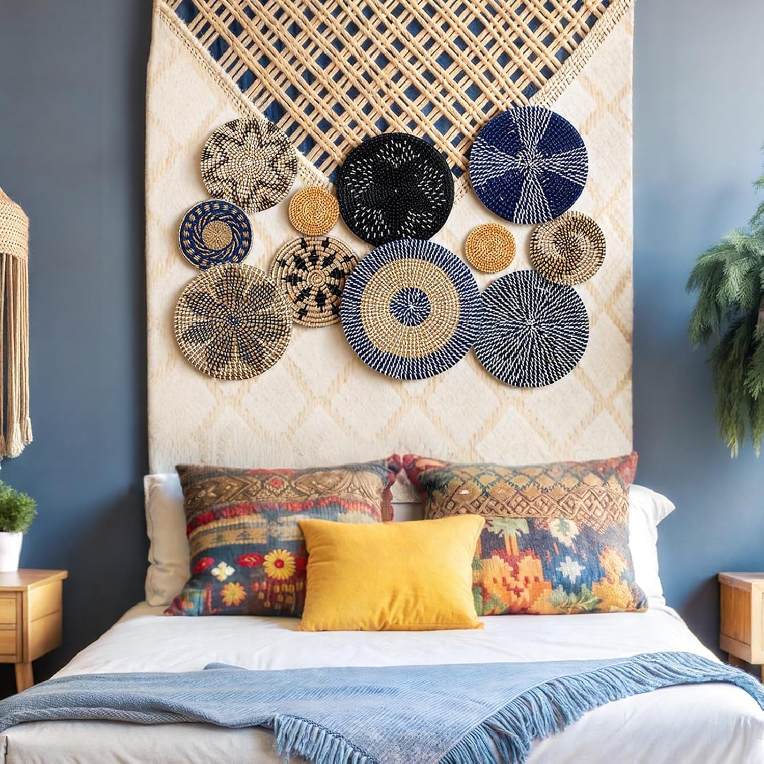 11PCS Boho Woven Wall Baskets Bulrush Farmhouse Decor Clr Blue