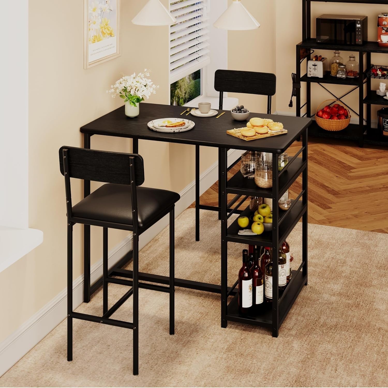 3 Pieces Bar Table Set with 2 Upholstered Stools & Storage Shelves High Dining