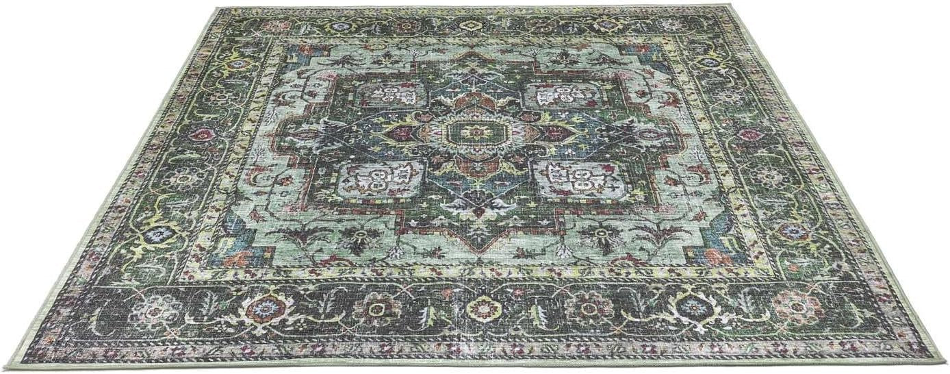 Large Oriental Area Rug 240x240cm Green Multi Square Low Pile Machine Washable