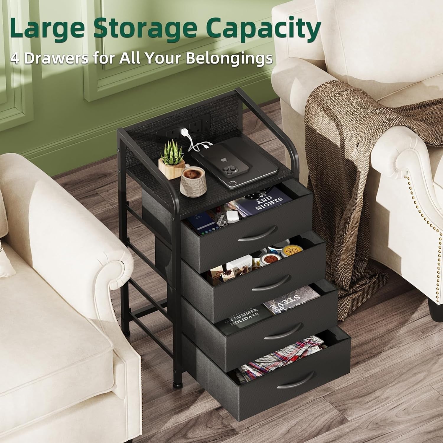 Black Bedside Cabinet with Charging Ports 4-Drawer Nightstand Small Storage Unit